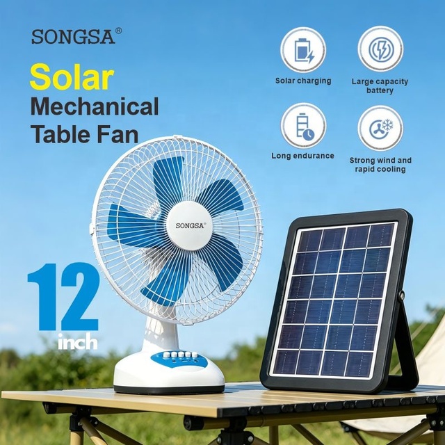 Bulk Low price Energy saving  High Airflow 12 inch Solar Energy Fan Rechargeable with Lithium Battery electric Solar table Fan