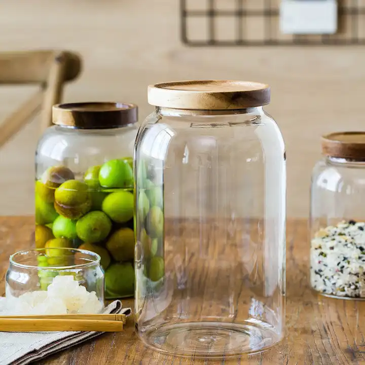Glass Food Jars Acacia Wood Lid Kitchen Storage Homeware 