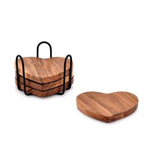 Acacia Heart Shape Wooden <b>Coaster</b> Set with Holder Reusable Table Mats Pads Coffee Tea <b>Drinks</b> Cup Pad Placemats - Product Image 4