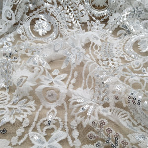 Tela de encaje francés plateado con lentejuelas florales Encaje de guipur bordado de alta calidad para telas - Product Image 6