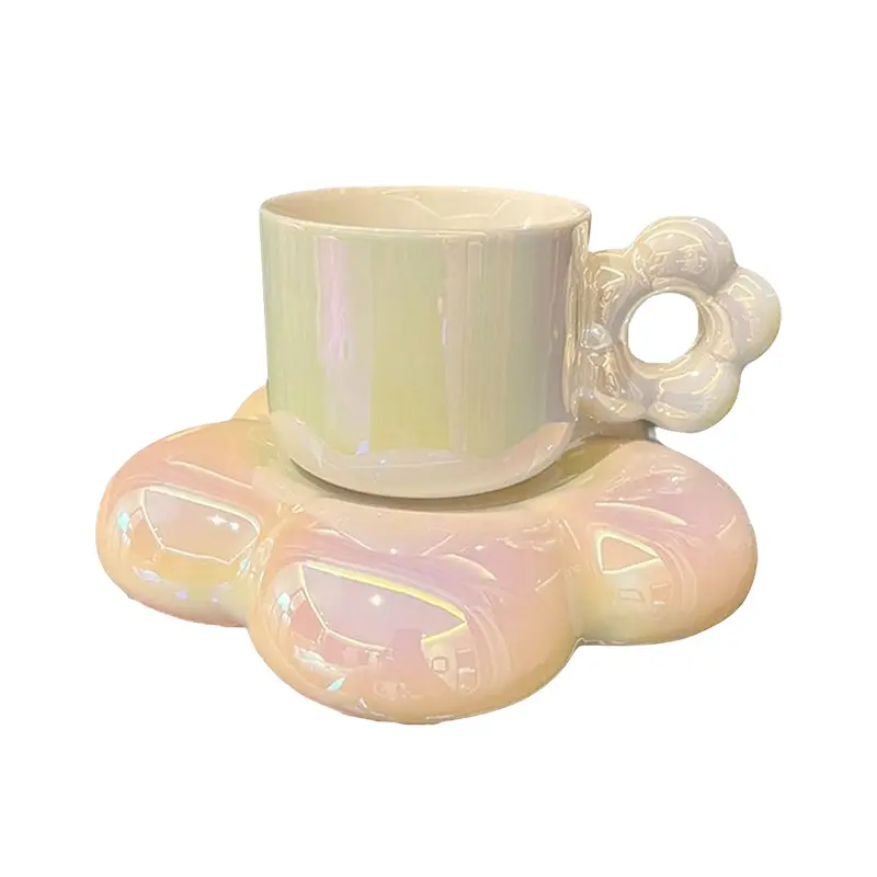 Taza nacarada, juego de tazas de café y platillo, taza de té, flores, lindo logotipo personalizado, obsequios, regalo, nube, cerámica, inductivo, Color arcoíris