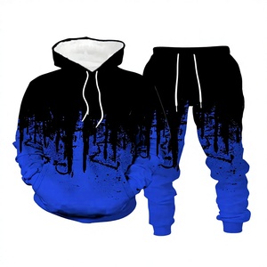 Ensemble de survêtement unisexe à capuche avec imprimé dégradé bleu effet gouttelettes, manches longues et pantalon à cordon, style streetwear, coupe adulte pour l'automne - Product Image 1