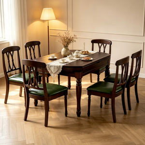 Vintage <b>Extendable</b> Dark <b>Wood</b> <b>Dining</b> <b>Table</b> Set, 6 Seater with Green Leather Chairs - Product Image 1