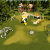 Structure de jeu extérieure commerciale à plancher incurvé avec toboggan tubulaire, arche d'escalade avec filet, balançoire nid et tourne-terre pour parcs communautaires et écoles