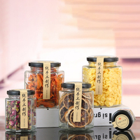 Stok 45ml 85ml 100ml 180ml 280ml 380ml 500ml 750ml ml stoples kaca acar wadah kaca heksagonal dengan tutup logam
