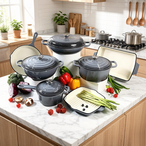 Batterie de cuisine en fonte émaillée 7 pièces, compatible four, avec faitout, poêle, grill, plat à four et ustensiles de cuisson, pour cuisinières à induction et à gaz - Product Image 4