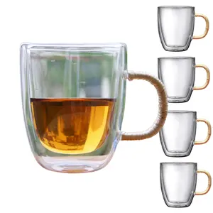 Double Walls Heated Glass Cup Latte Milk Shake Coffee Tea Glass Mug With Rattan Handle