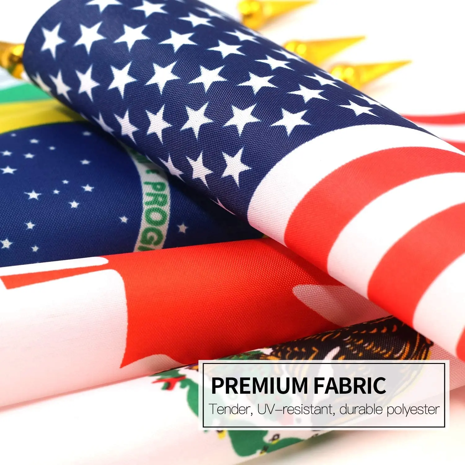 Heyuan bandeira personalizada América Base de plástico de nylon poliéster Mini país bandeiras de mão para escritório
