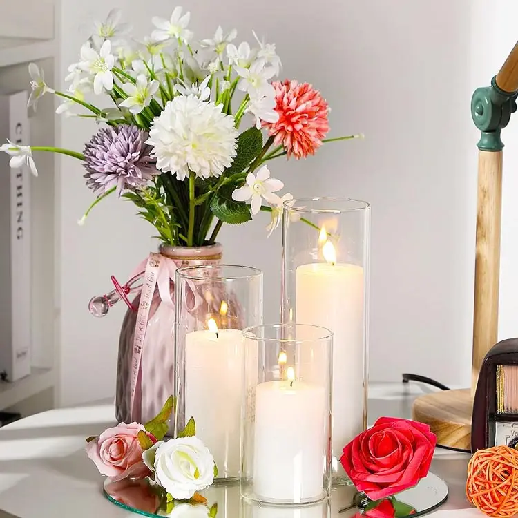 Vente en gros de vase à bougie en verre borosilicaté résistant à la chaleur et sans plomb pour décoration de mariage et de fête