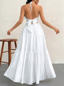 Abito lungo estivo <span class=keywords><strong>bianco</strong></span> da donna con scollo all'americana e <span class=keywords><strong>schiena</strong></span> <span class=keywords><strong>scoperta</strong></span>, con fiocco sul retro, senza maniche, per vacanze al mare - Product Image 3