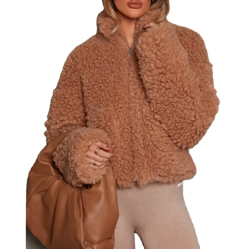 OEM Long Sleeve Stand Collar Oversize Faux Fur Cropped Teddy Coat Women