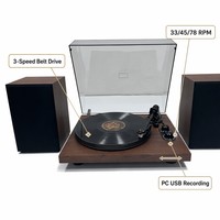 Tourne-disque vinyle professionnel Hi-Fi 3 vitesses à entraînement par courroie sans fil avec deux haut-parleurs externes en bois de noyer