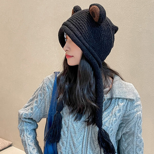 Bonnet d'<span class=keywords><strong>hiver</strong></span> pour <span class=keywords><strong>femme</strong></span> en 100% coton, bonnet en tricot doux avec oreilles de grenouille, avec cordon, non extensible, tissu commun - Product Image 5