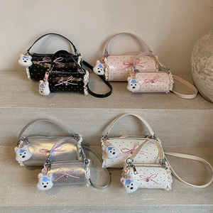 2025 nuevo Mini bolso cilíndrico de encaje con lazo para mujer, bolso cruzado de hombro de mano dulce y fresco de lunares - Product Image 2