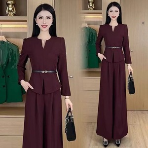 Women's Suit Set Slim Fit V Neck Top Wide Leg Pants Black Polyester Crepe Anti Wrinkle Casual Professional Two Piece Set - Product Image 2