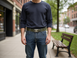 เข็มขัดผ้าริบบิ้นหัวเข็มขัดเหล็กสำหรับผู้ชาย ขนาด 4.0 ซม. ยาว 125 ซม. สีเขียวขี้ม้า - Product Image 2