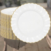 60 Pcs Piring Plastik Sekali Pakai Ramah Lingkungan Ukuran 9 Inch, Dapat Dicuci dengan Mesin Cuci Piring, Warna Putih dengan Pinggiran Emas Bermotif Bunga