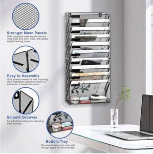 <b>Wall</b> File Holder 10 Tier Mesh Hanging Folder Organizer with Flat Tray <b>Wall</b> Mounted Mail Organizer Magazine Paper <b>Desk</b> Shelf - Product Image 5