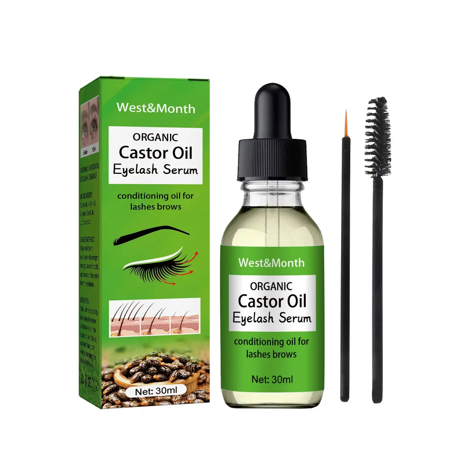 West & Month Organic Castor Oil Eyelash Enhancer Growth Serum Conditioning Oil For Lashes & Brows