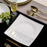 Service de table en porcelaine fine à bord argenté irisé, vaisselle élégante en céramique avec motif géométrique pour la maison, les dîners et les mariages