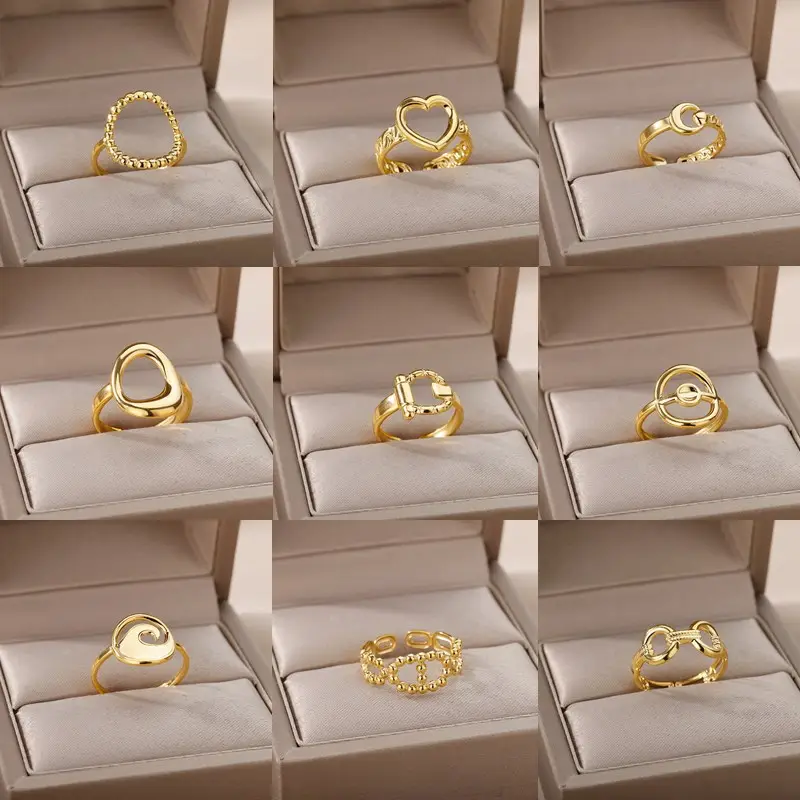 Anillos chapados en oro de 18 quilates de estilo frío para mujer, anillos abiertos de acero inoxidable para mujer, anillo de pareja geométrico con forma de corazón prensado en aceite
