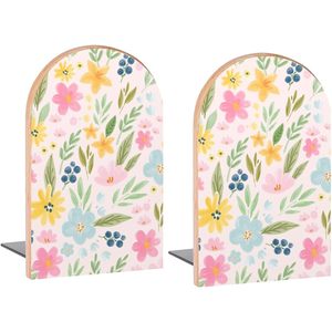 Cute Watercolor Leaves Floral Wood Bookends 1 Pair <b>Decorative</b> <b>Book</b> Stoppers <b>for</b> <b>Shelves</b> Room Home Office 5x3.1 Inches <b>for</b> - Product Image 3