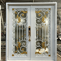 Porte d'entrée résidentielle de sécurité en fer forgé de luxe haut de gamme - Décor doré forgé avec panneau de verre à double motif