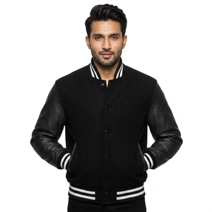 OEM Wholesale Men Varsity Jacket Custom Black Color <b>Block</b> Zip & Button Closure Running Varsity Jacket for Men with Panel Design - Product Image 1