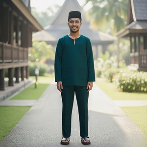 TELUK BELANG Malasia SIPO atuendo islámico: Kurta negro con <span class=keywords><strong>cuello</strong></span> en V <span class=keywords><strong>y</strong></span> sombrero negro, camino <span class=keywords><strong>de</strong></span> madera - Product Image 5