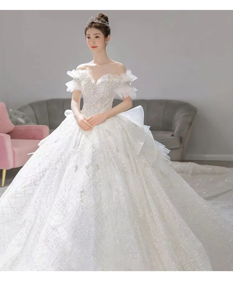 Một dòng vai công chúa Pháp ánh sáng Váy cưới cô dâu mới chính sợi thời trang kết cấu kích thước lớn đào tạo Ăn mặc