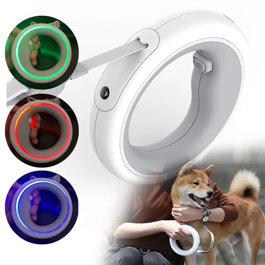 Dog Leash with Metal Buckle LED Lighting Ring Design Anti-Slip Handle One-handed Brake Pause Lock Retractable Leash