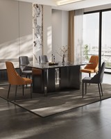 Ensemble de salle à manger moderne de luxe en pierre de cristal, table rectangulaire 6 places + base en métal créative (chaises orange/gris matelassées)