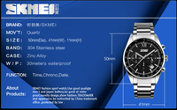 Reloj de Pulsera de Cuarzo SKMEI 9096 para Hombre, Esfera Grande de 41.7 mm, Caja de Aleación, Resistente al Agua, Correa de Acero Inoxidable, Reloj Multifunción