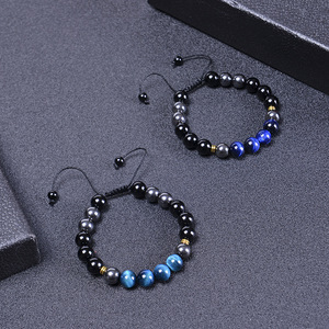 Custom Large 10mm Natural Black ematite Blue Tiger Eye Stone Woven Beaded Gemstone bracciali cristalli gioielli da uomo regolabili - Product Image 4