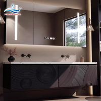 Meuble-lavabo mural moderne à LED avec éclairage intégré, plan de travail en bois, double vasque et miroir inclus, idéal pour les hôtels