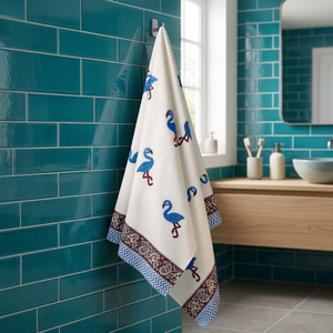 Hand Block Printed Cotton <b>Bath</b> <b>Towel</b> <b>Set</b> With Flamingo Pattern Rectangle <b>Towel</b> For Child Home Bathroom Use Skin Friendly - Product Image 2