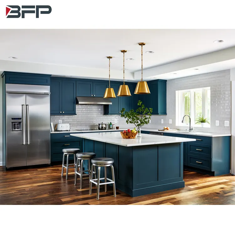 BFP Custom Free Design Navy Blue PVC Vinyl Shaker Kitchen Cupboards Furniture Islands Modular Modern Kitchen Cabinets Design