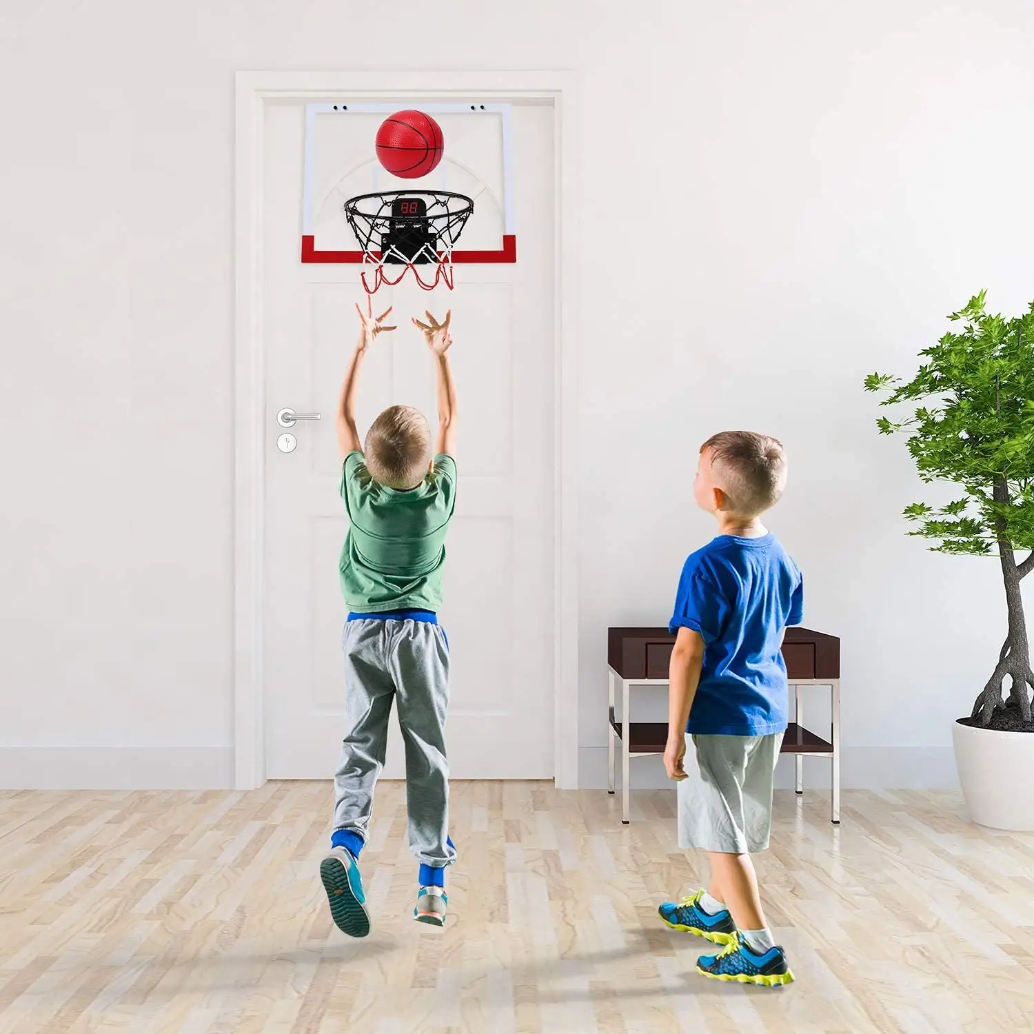 Крытый Мини-Баскетбольный набор для детей с электронной записью и звуками, баскетбольный обруч над дверью с мячом