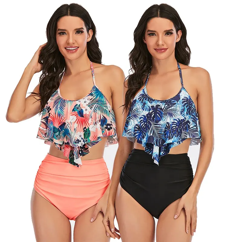 MOTE-ZC492 Femmes Maillots de Bain 2022 Floral Ruffle 2 Pièce Bikini Ensemble Maillots De Bain Dentelle Up Halter Bikini Deux-Pièce Maillots de Bain