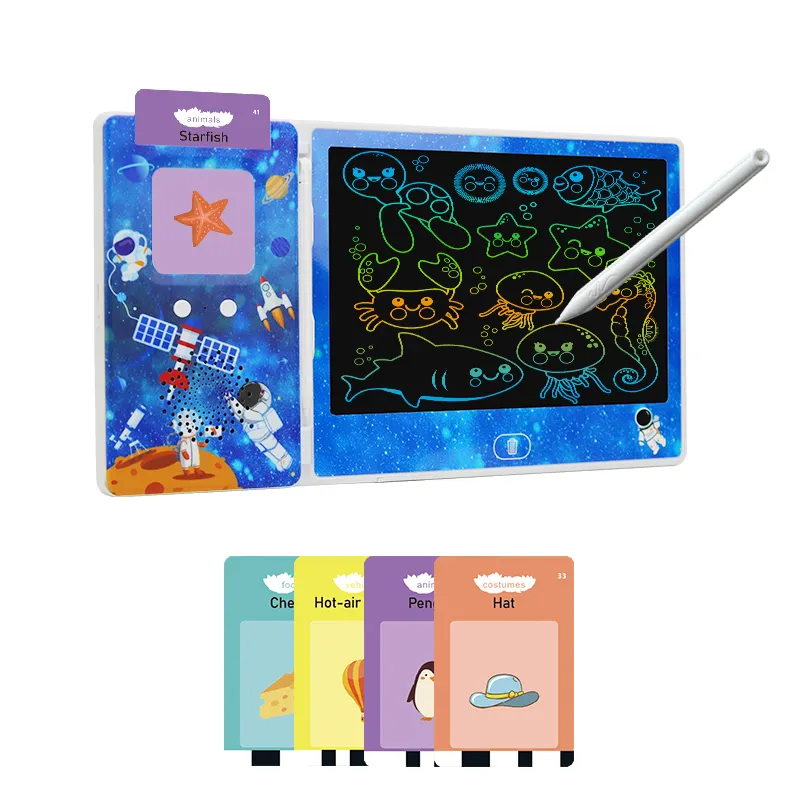 Tableta de notas de aprendizaje con tarjetas flash parlantes dibujo gráficos de escritura a mano tablero digital LCD escritura garabato niños colorido