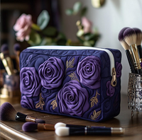 Pochette de maquillage matelassée brodée à impression numérique 3D, boîte florale, pochette de rangement cosmétique, pochette de rangement pour petits objets