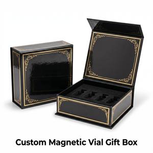 Scatola Regalo Magnetica di Lusso Personalizzata per Fiale, Finitura Nera Lucida con Bordo in Lamina d'Oro per Fiale Farmaceutiche, Mercato USA - Product Image 1