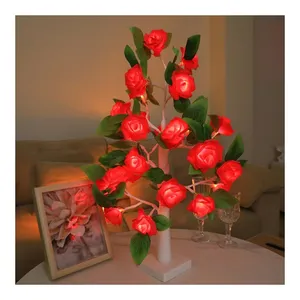 थोक वेलेंटाइन डे सजावट गुलाब टेबल लाइट गुलाब कृत्रिम फूल पेड़ की रोशनी 3AA बैटरी चालित गुलाब पेड़ की रोशनी