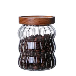 New Striped Glass Sealed Jar Coffee Bean Dried Fruit Storage Jar With Acacia Wood Lid