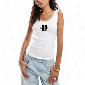 Summer Custom Screen Print Slim Fit Inner Wear Tank Top 95 Cotton 5 Spandex Blend High <b>Elastic</b> Women's Casual <b>Lace</b> Tank Top - Product Image 2