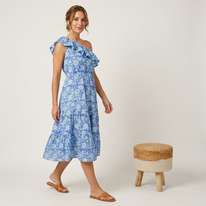 Vestido Midi de un hombro informal y elegante para verano, hermoso estilo coreano, estampado Floral, mangas de algodón sexis, cintura alta, respetuoso con el medio ambiente - Product Image 1