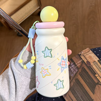 Bouteille d'eau isotherme en acier inoxydable à motif étoiles mignonnes avec couvercle à bille et cordon perlé, tasse thermos portable de voyage