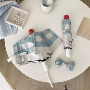 Cute Retro <b>Gingham</b> Umbrella, Compact 8 Ribs Windproof Sun Rain with <b>Red</b> Button, Portable Travel Gear - Product Image 2