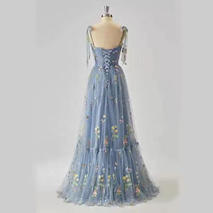 エレガントな刺繍花柄ドレススパゲッティストラップノースリーブ甘いイブニングドレスウェディング花嫁介添人用プロムガウン - Product Image 5