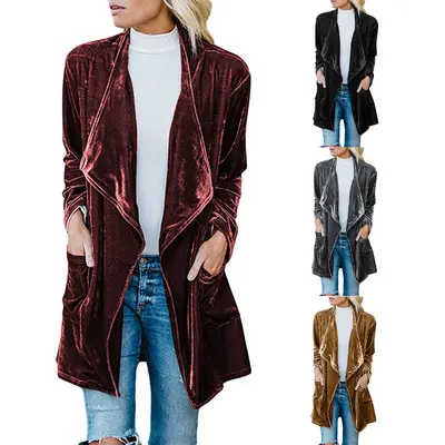 2020 Herbst Winter Kleidung Damen Trenchcoat Plus Size einfarbig <span class=keywords><strong>Gold</strong></span> Samt Cardigan Mäntel lässig lose Wind breaker Mäntel